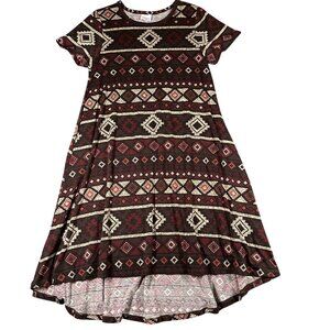 LuLaRoe Carly Dress Womens Small Brown Red Aztec Geometric‎ SS High Low Hem